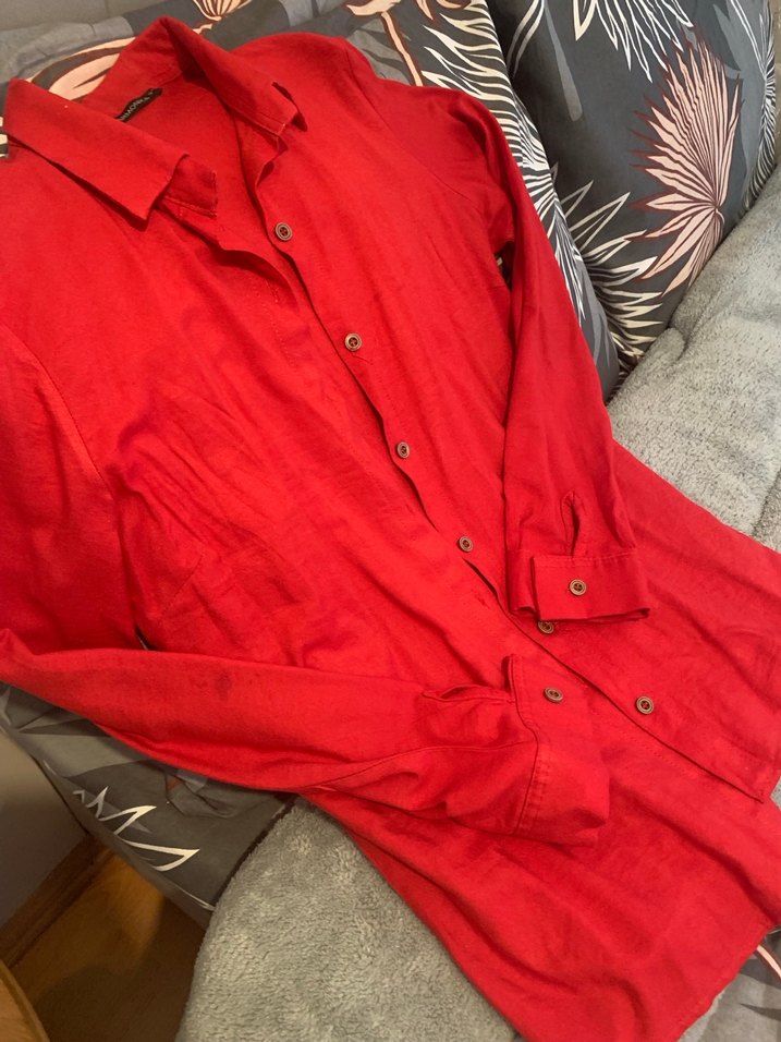 Düğmeli Kırmızı Keten Kadın Gömlek - Görsel 2