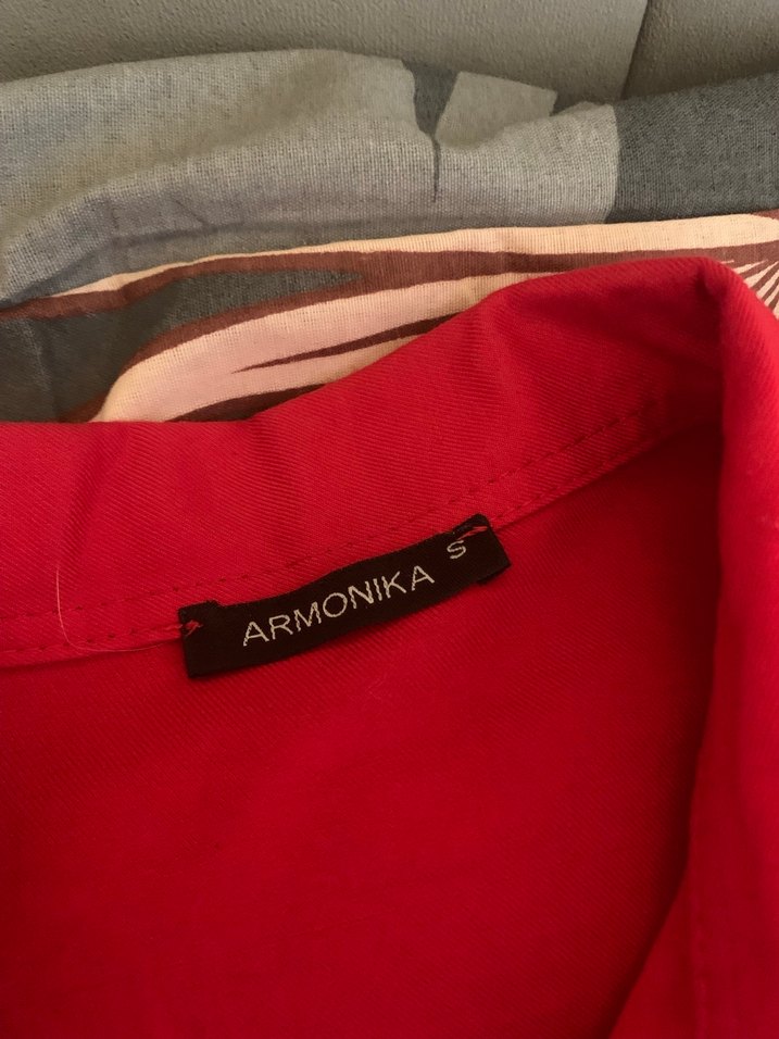 Düğmeli Kırmızı Keten Kadın Gömlek - Görsel 3