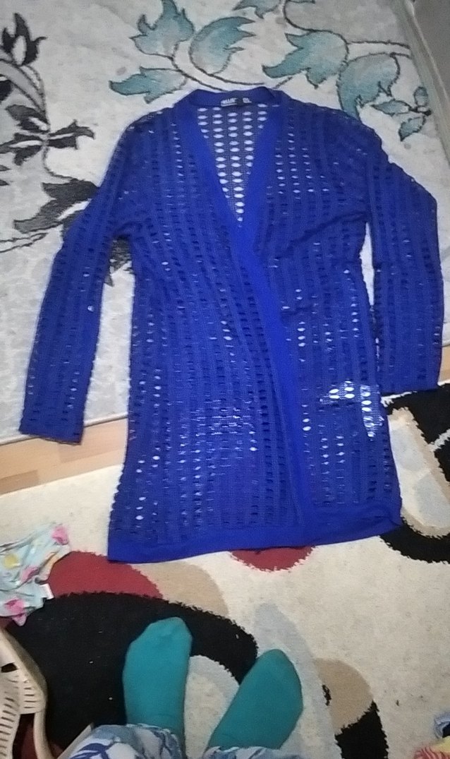 Parlak Mavi Örgü Kadın Midi Kaban - Görsel 2