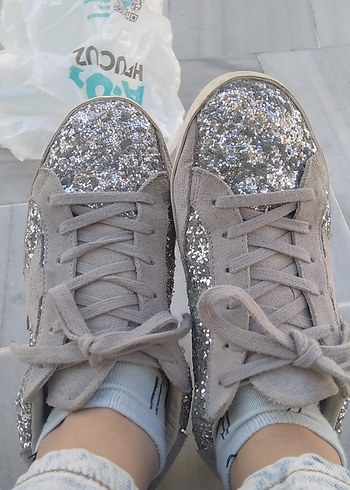 Gri Denim Parlak Kadın Spor Ayakkabı - Görsel 5