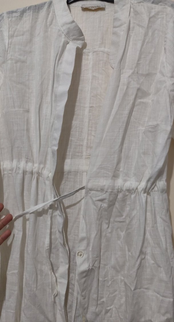 Beyaz Keten Uzun Kollu Salaş Gömlek - Görsel 2