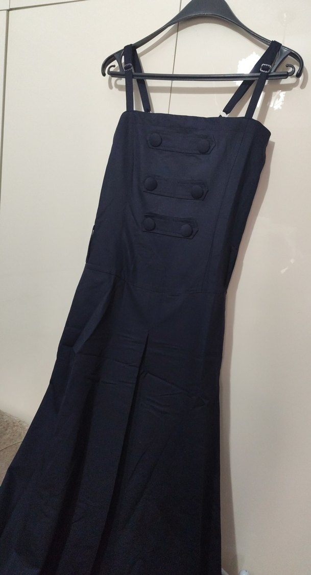 Düğmeli Siyah Uzun Kadın Tulum - Görsel 2