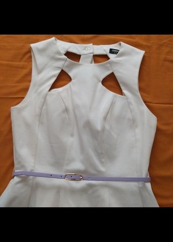 Beyaz Midi V Yakalı Kemerli Elbise - Görsel 5