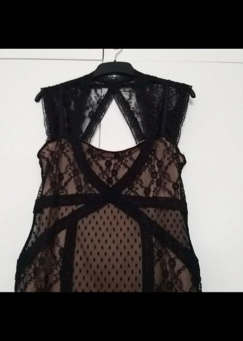 Dantel Detaylı Siyah V Yakalı Mini elbise - Görsel 3