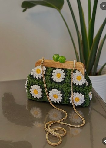 Yeşil Çiçekli Örgü Bohem Kadın Çantası - Görsel 3