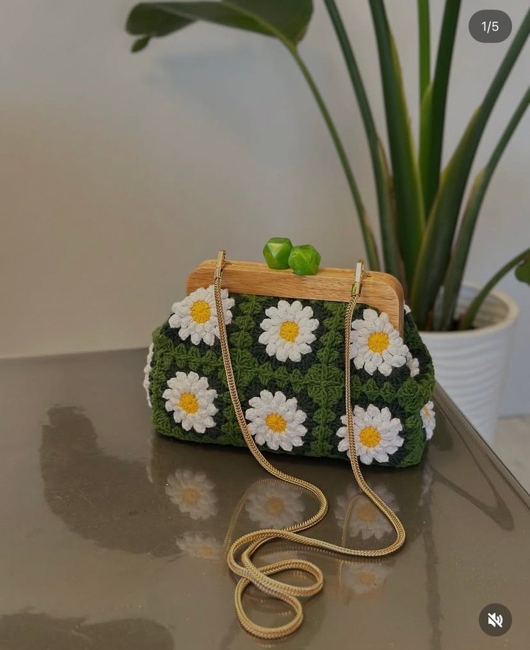 Yeşil Çiçekli Örgü Bohem Kadın Çantası - Görsel 3