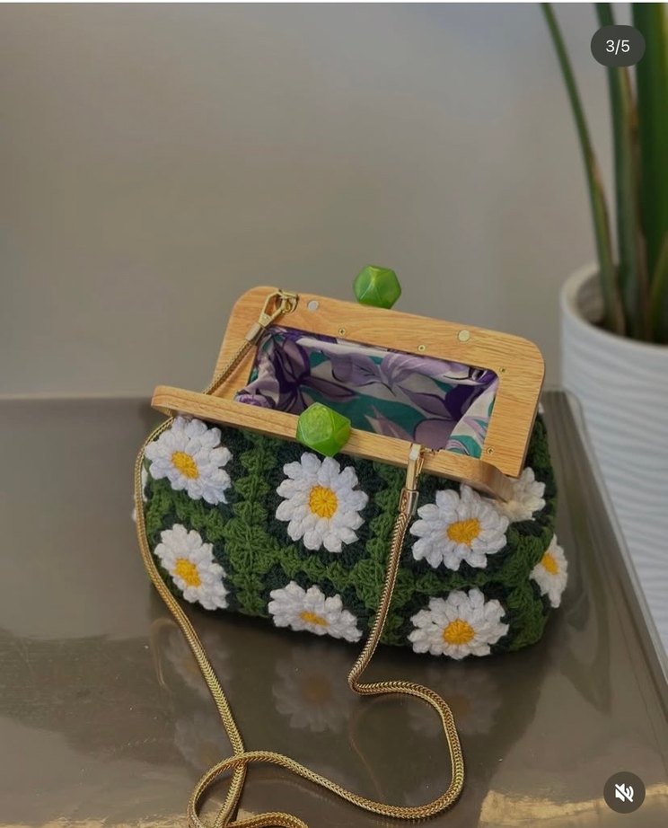 Yeşil Çiçekli Örgü Bohem Kadın Çantası - Görsel 2