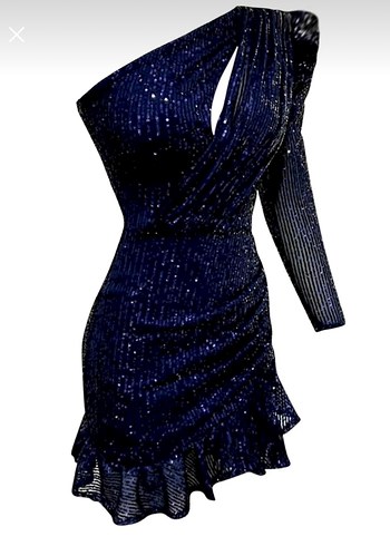 Lacivert payetli tek omuz elbise - Görsel 2