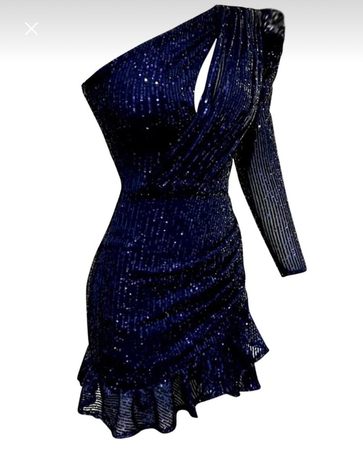 Lacivert payetli tek omuz elbise - Görsel 2