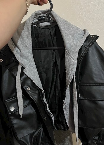 Gri Deri Kadın Ceket Kapüşonlu Fermuarlı - Görsel 4