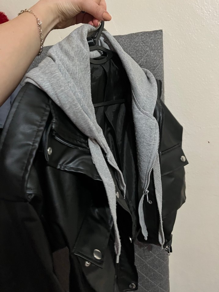 Gri Deri Kadın Ceket Kapüşonlu Fermuarlı - Görsel 3