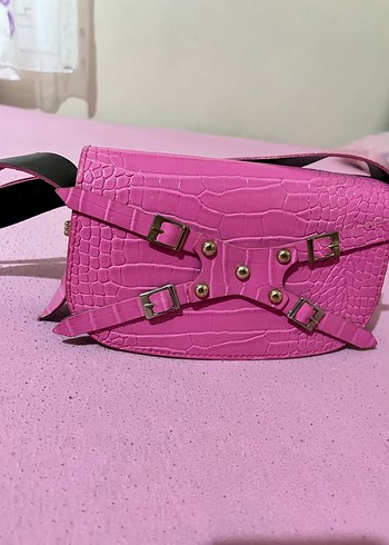 Pembe Deri Yılan Desenli Tokalı Kadın Çanta - Görsel 2