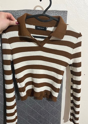 Çizgili Kahverengi Kadın Triko Kazak - Görsel 2