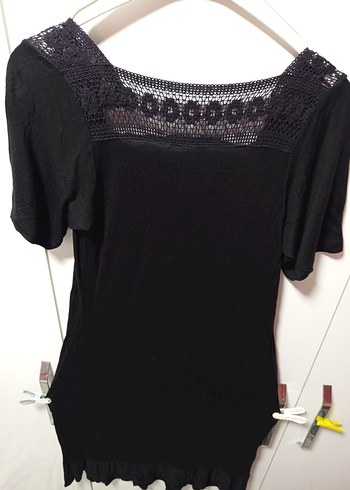 Dantel Detaylı Siyah Bohem  Elbisesi,,Sandık yaka, kısa kollu, - Görsel 10