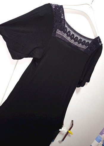 Dantel Detaylı Siyah Bohem  Elbisesi,,Sandık yaka, kısa kollu, - Görsel 8