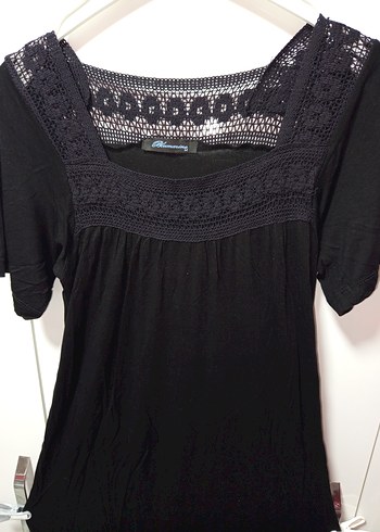 Dantel Detaylı Siyah Bohem  Elbisesi,,Sandık yaka, kısa kollu, - Görsel 2