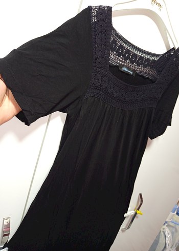 Dantel Detaylı Siyah Bohem  Elbisesi,,Sandık yaka, kısa kollu, - Görsel 3