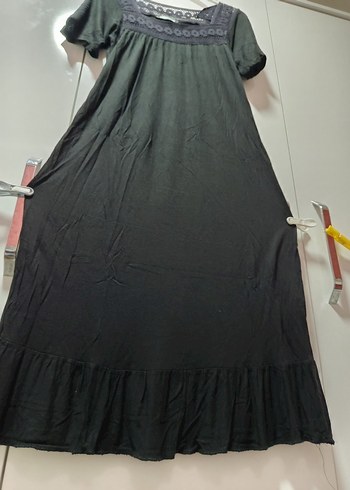 Dantel Detaylı Siyah Bohem  Elbisesi,,Sandık yaka, kısa kollu, - Görsel 6