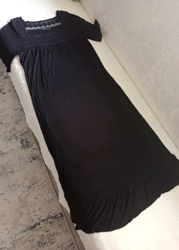 Dantel Detaylı Siyah Bohem  Elbisesi,,Sandık yaka, kısa kollu, - Görsel 19