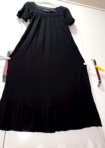 Dantel Detaylı Siyah Bohem  Elbisesi,,Sandık yaka, kısa kollu, - Görsel 5