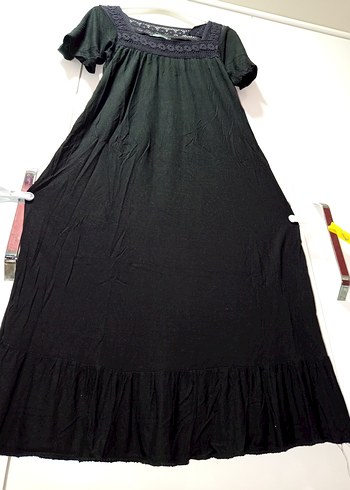 Dantel Detaylı Siyah Bohem  Elbisesi,,Sandık yaka, kısa kollu, - Görsel 7