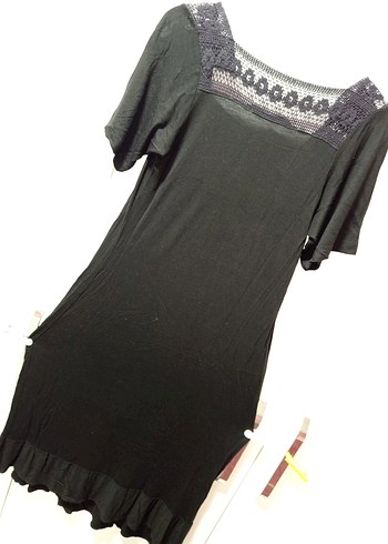 Dantel Detaylı Siyah Bohem  Elbisesi,,Sandık yaka, kısa kollu, - Görsel 11