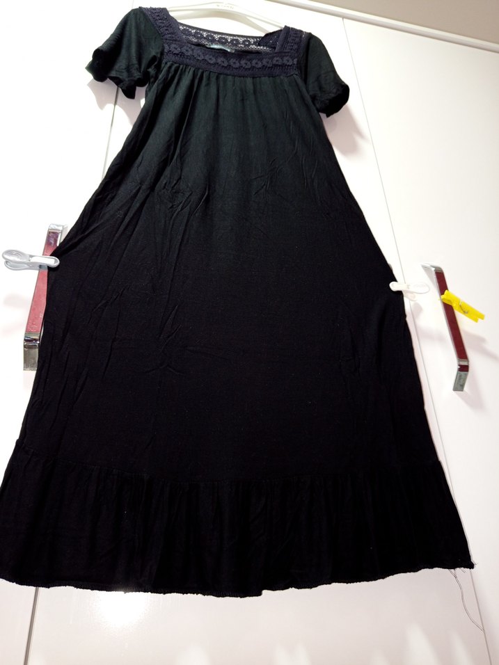 Dantel Detaylı Siyah Bohem  Elbisesi,,Sandık yaka, kısa kollu, - Görsel 5