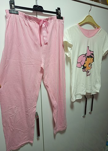 M/L BDN KISAKOLLU Pembe Baskılı Rahat Pijama Takımı ince penye - Görsel 3