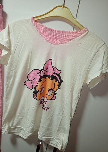 M/L BDN KISAKOLLU Pembe Baskılı Rahat Pijama Takımı ince penye - Görsel 5