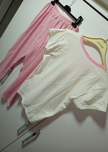 M/L BDN KISAKOLLU Pembe Baskılı Rahat Pijama Takımı ince penye - Görsel 11