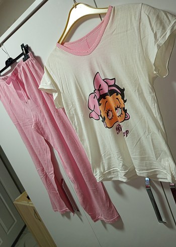 M/L BDN KISAKOLLU Pembe Baskılı Rahat Pijama Takımı ince penye - Görsel 2