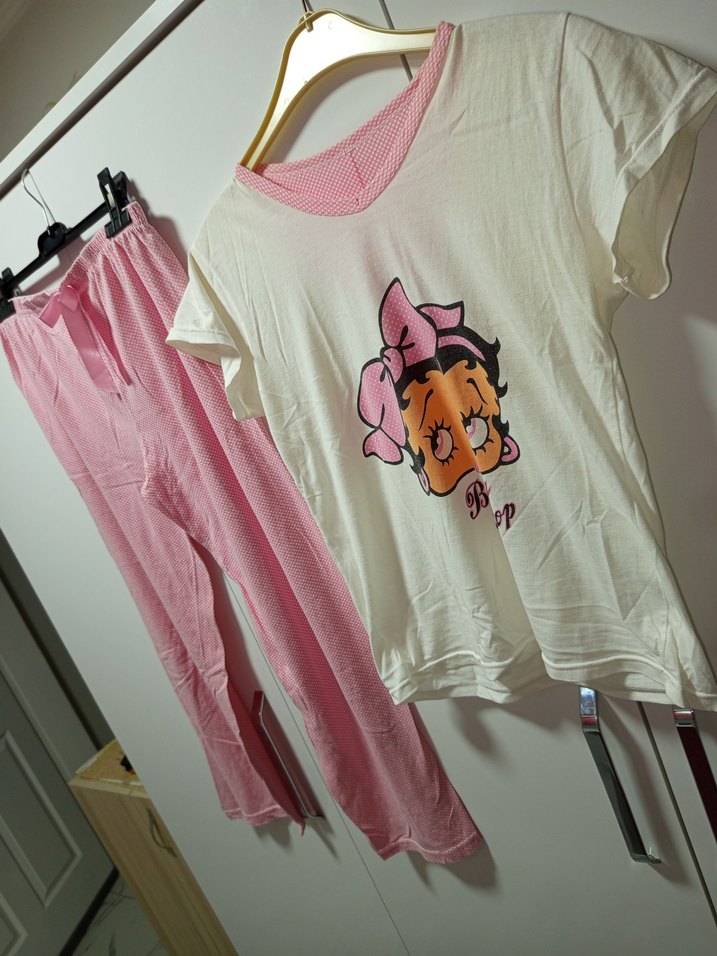 M/L BDN KISAKOLLU Pembe Baskılı Rahat Pijama Takımı ince penye - Görsel 2