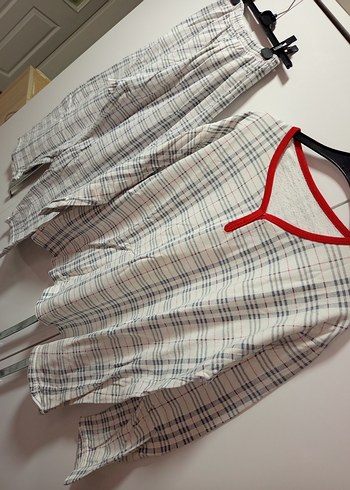 L/XL BDN UZUNKOLLU İÇİ ŞARDONLU Gri Bej Ekose Kadın PijamaTakımı - Görsel 4