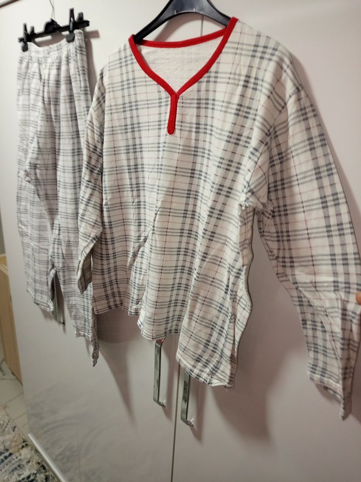 L/XL BDN UZUNKOLLU İÇİ ŞARDONLU Gri Bej Ekose Kadın PijamaTakımı - Görsel 3
