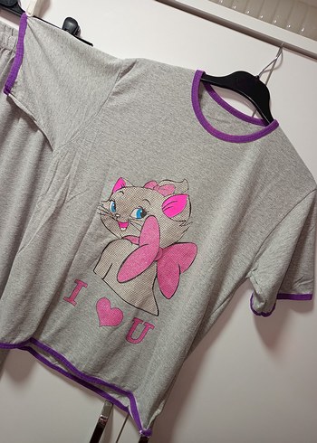M/L BDN Gri Kısa Kollu Kadın Pijama Takımı, Simli pembiş kedicik - Görsel 3