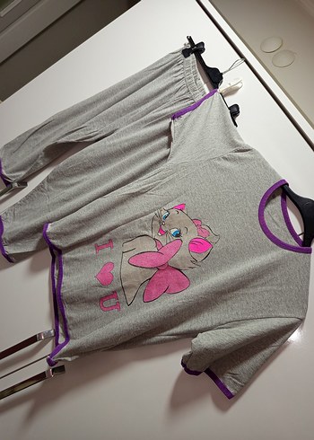 M/L BDN Gri Kısa Kollu Kadın Pijama Takımı, Simli pembiş kedicik - Görsel 2