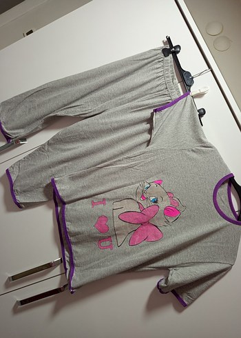 M/L BDN Gri Kısa Kollu Kadın Pijama Takımı, Simli pembiş kedicik - Görsel 6