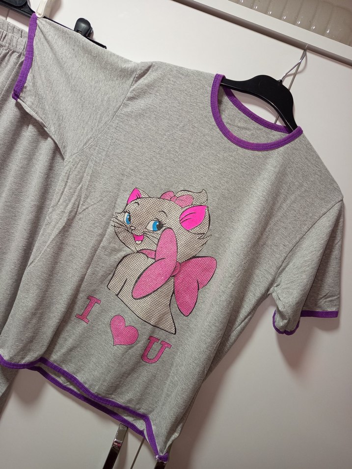 M/L BDN Gri Kısa Kollu Kadın Pijama Takımı, Simli pembiş kedicik - Görsel 3