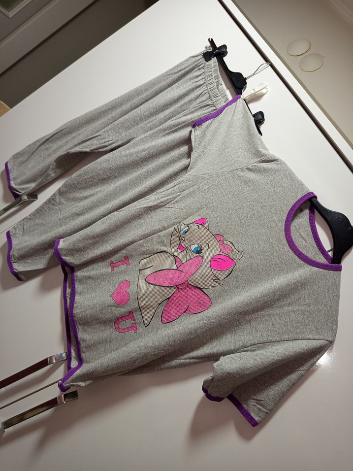 M/L BDN Gri Kısa Kollu Kadın Pijama Takımı, Simli pembiş kedicik - Görsel 2