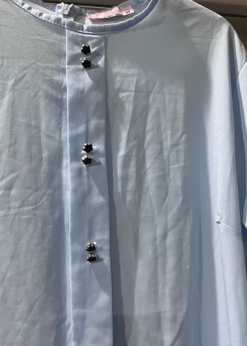 Düğmeli Uzun Kollu Mavi Keten Tunik - Görsel 2