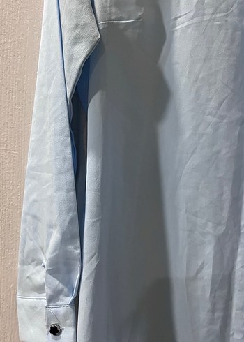 Düğmeli Uzun Kollu Mavi Keten Tunik - Görsel 4