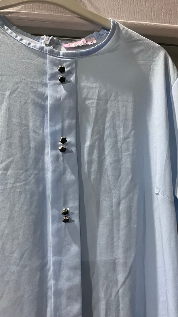 Düğmeli Uzun Kollu Mavi Keten Tunik - Görsel 2