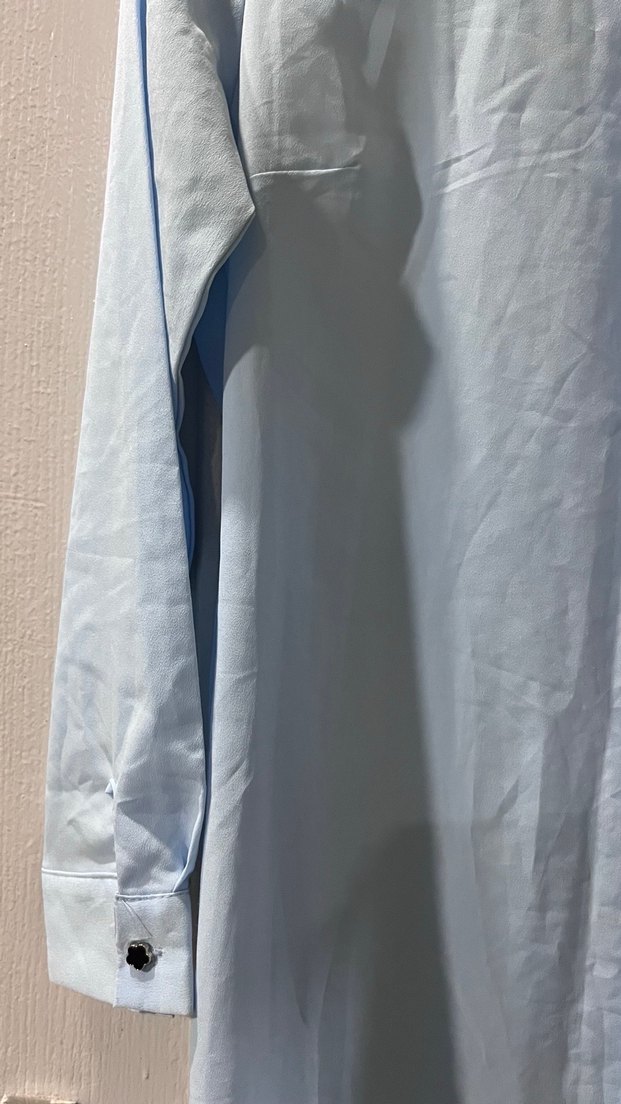 Düğmeli Uzun Kollu Mavi Keten Tunik - Görsel 4