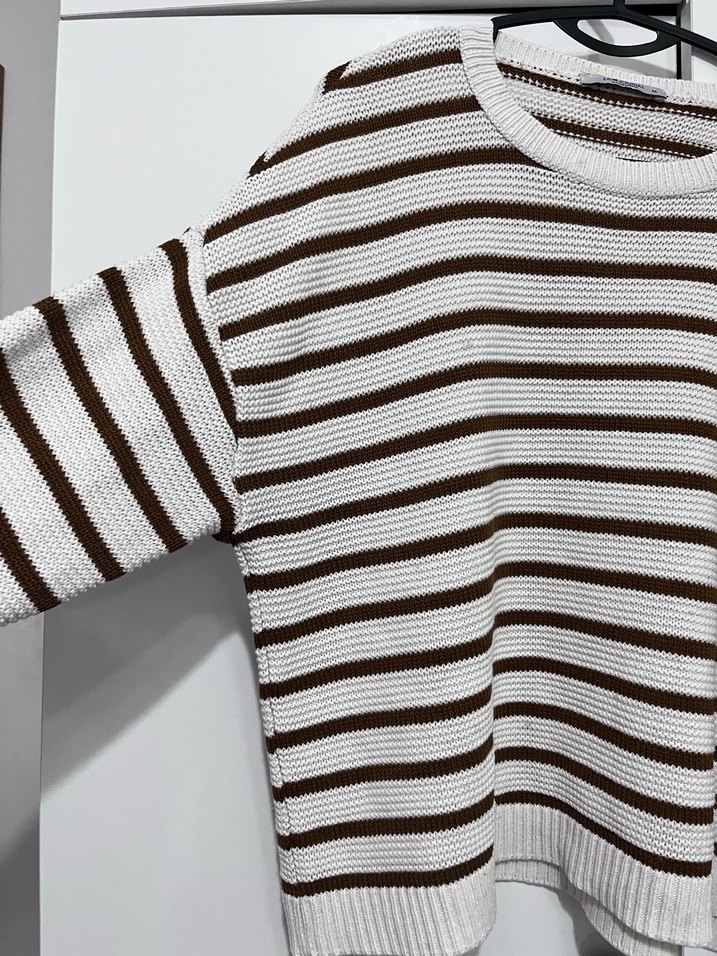 Kadın Kahverengi Çizgili Örgü Kazak - Görsel 2