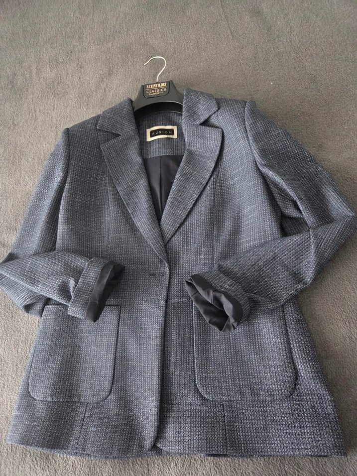 Gri Keten Düğmeli Kadın Blazer Ceket - Görsel 4