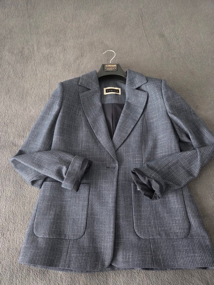 Gri Keten Düğmeli Kadın Blazer Ceket - Görsel 3