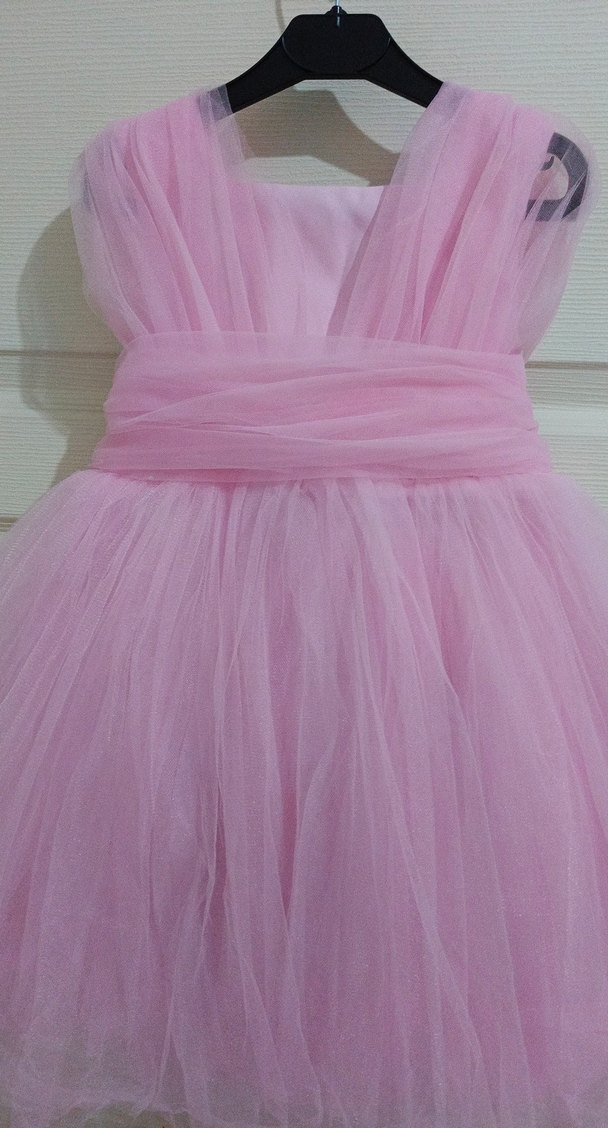 Pembe Pliseli Kız Çocuk Straplez Elbise - Görsel 3