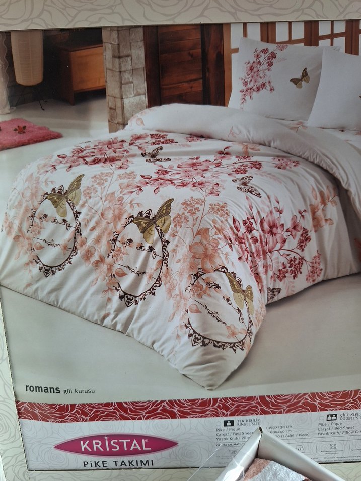 Beyaz, Pastel Renkli Desenli Çift Kişilik Pike Takımı - Görsel 3