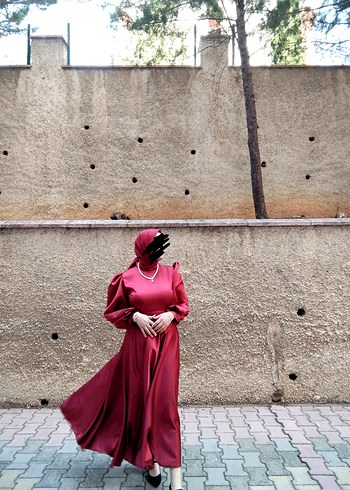 Bordo balon kol saten abiye - Görsel 2