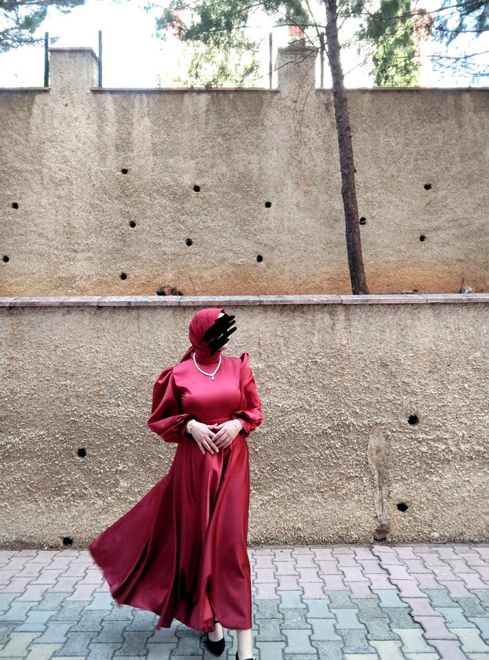 Bordo balon kol saten abiye - Görsel 2